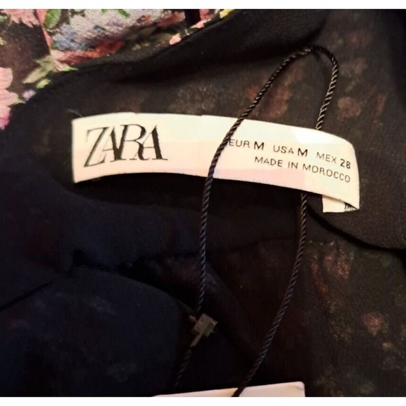 NWT Zara Black & Pink Floral Ruffle Square Neck Mini Dress Size Medium - Picture 7 of 8